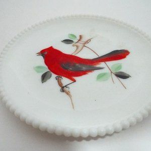 Vintage Westmoreland Beaded Edge Milk Glass 7 1/4” Plate w/Hand Painted Cardinal